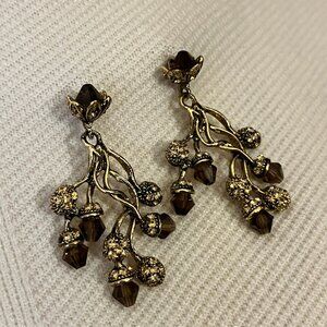 Gold Tone Brown Crystal Branch Drop Earrings